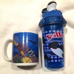 SEAWORLD San Diego Blue Coffe Mug and Blue Beverage Plastic Tumbler Lid & Straw
